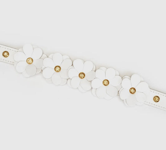 Weißes Lederhalsband mit Blumen und Leine