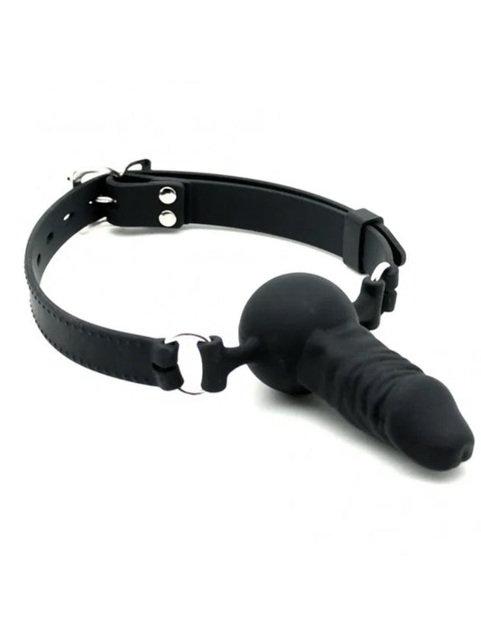 Rimba Latex Play - Mundknebel mit Penis (Ø 40 mm) - Schwarz & Silber