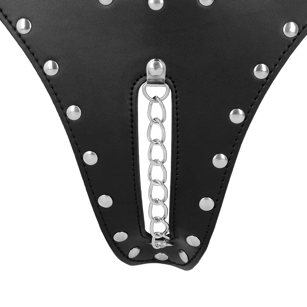 Ouch ! PU-Leder-Chastity-Thong mit Kettendetail