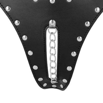 Ouch ! PU-Leder-Chastity-Thong mit Kettendetail