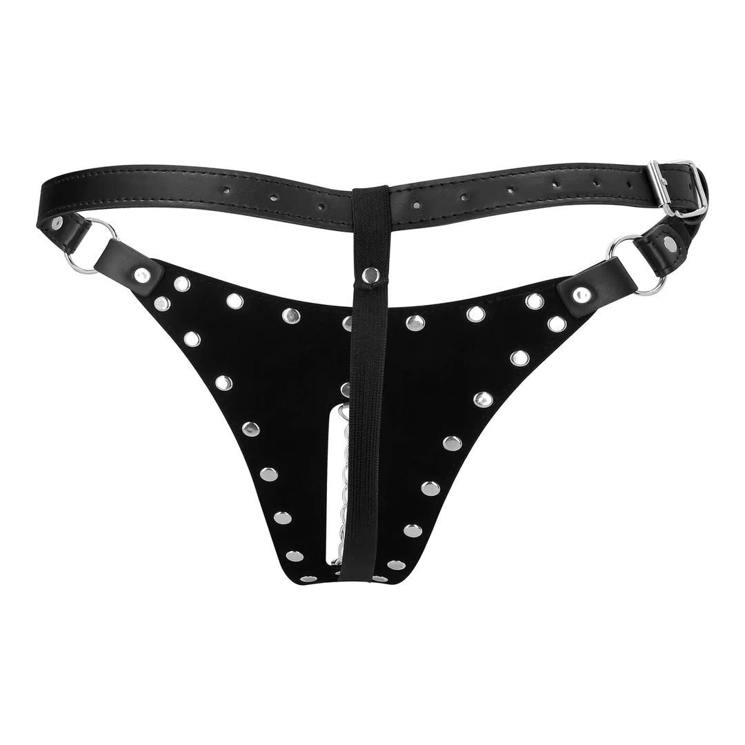 Ouch ! PU-Leder-Chastity-Thong mit Kettendetail