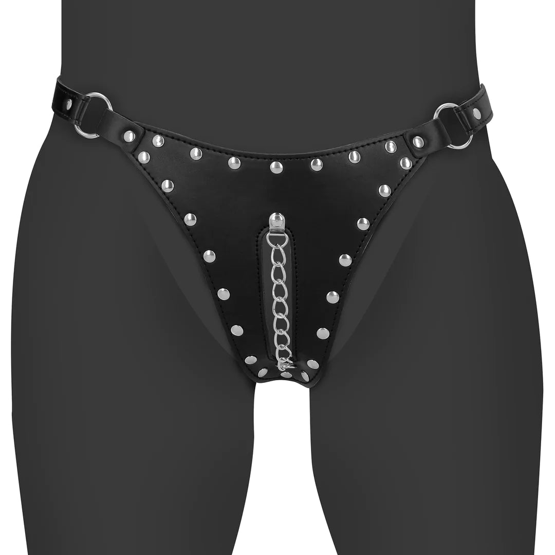 Ouch ! PU-Leder-Chastity-Thong mit Kettendetail