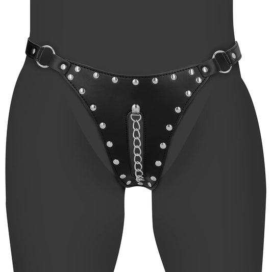 Ouch ! PU-Leder-Chastity-Thong mit Kettendetail