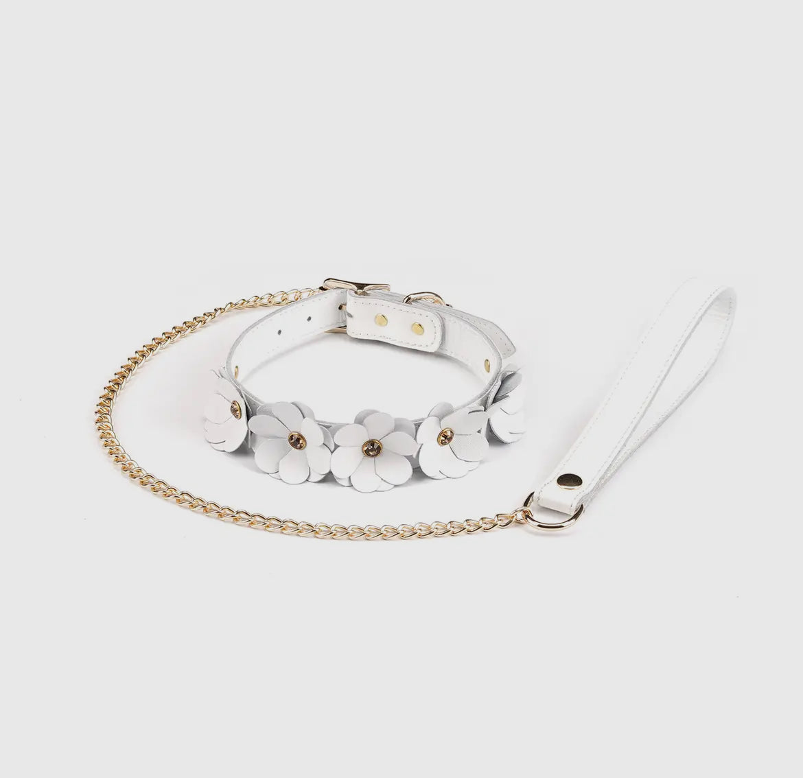 Weißes Lederhalsband mit Blumen und Leine