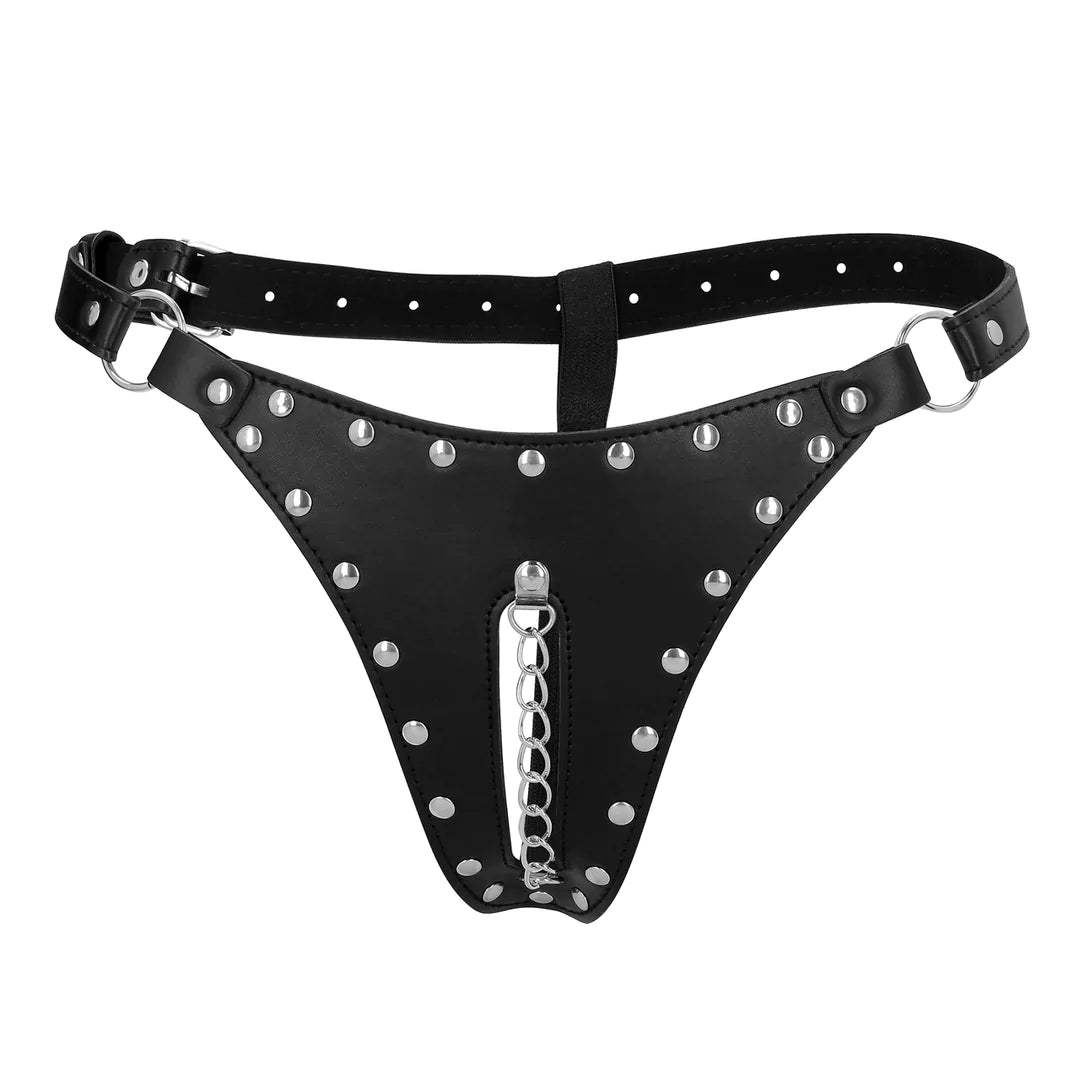 Ouch ! PU-Leder-Chastity-Thong mit Kettendetail