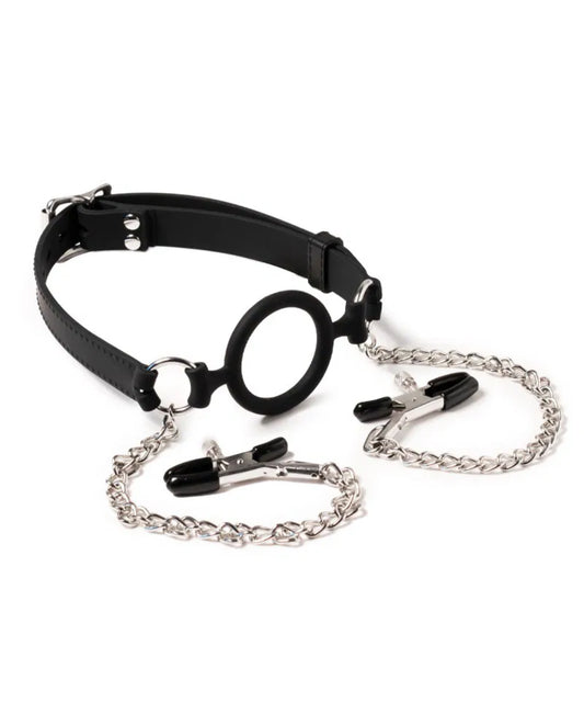 Rimba Latex Play - Mundknebel mit O-Ring und Nippelklemmen - Schwarz
